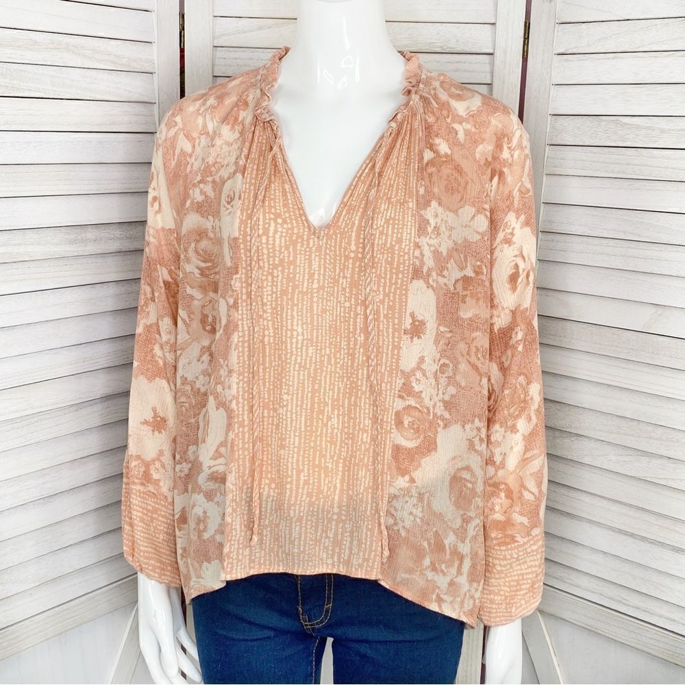 Anthropologie Everleigh Floral Split Neck‎ Boho Peasant Blouse Peach XS